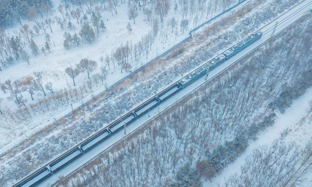 包神铁路的保供列车在林海雪原展现出别样的壮美之态。（李尚昆 摄）