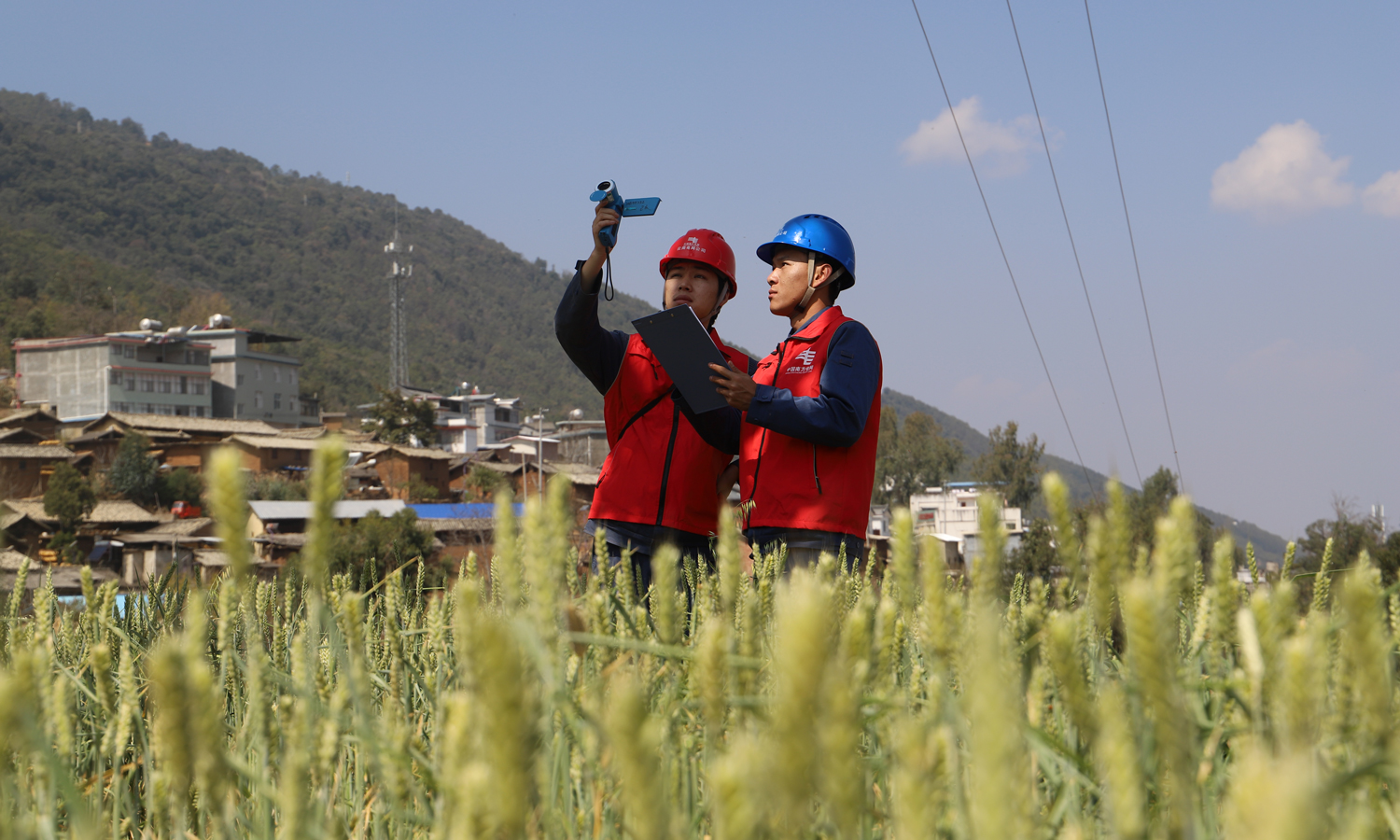 在云南楚雄，南方电网工作人员对线路进行巡视。
